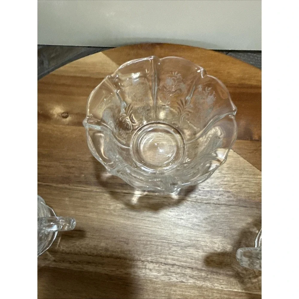 Vintage Etched‎ Glass Creamer Sugar Bowl Set Floral Cottagecore 3 piece